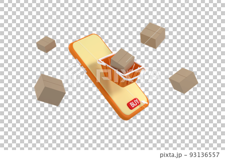 shopping baskets and parcel box with cart image on box float in the air above a smartphone for online shopping concept shopping baskets and parcel box with cart image on box float in the air above a smartphone for online shopping concept 93136557