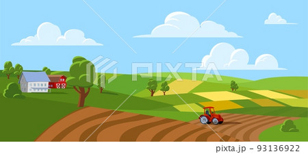 Farm field with sunny meadow, rural house and barn, countryside landscape flat vector illustration. 93136922