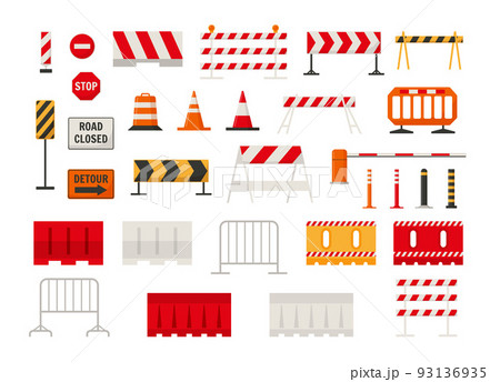 Traffic road barriers or barricades set for safety of driving, flat vector illustration isolated on white background. 93136935