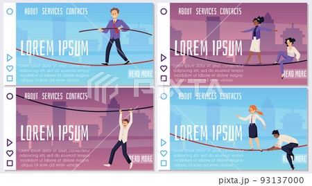Man, woman walking on tightrope, rope, set horizontal home page, vector flat illustrations. Man, woman walking on tightrope, rope, set horizontal home page, vector flat illustrations. 93137000