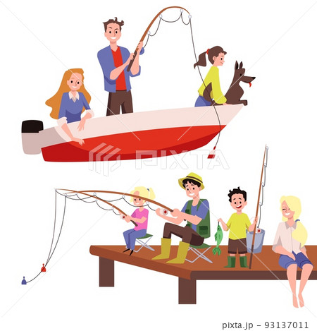 Family fishing from boat and bridge set of flat vector illustrations isolated. 93137011