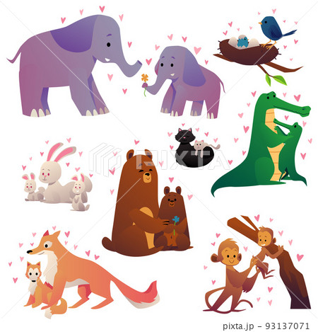 Set of animal families mothers and children flat vector illustration isolated. 93137071