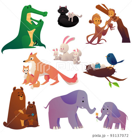 Animals mothers and children characters set flat vector illustration isolated. 93137072