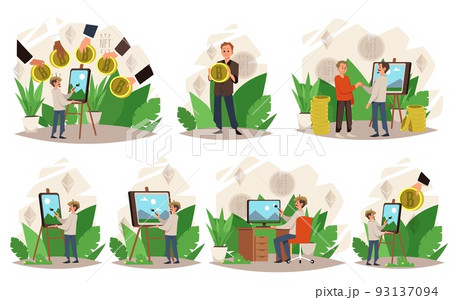 NFT non-fungible token theme designs set, flat vector illustration isolated. 93137094