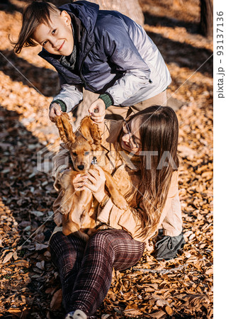 Happy family mother and teen boy son having fun with cocker spaniel puppy in autumn park 93137136