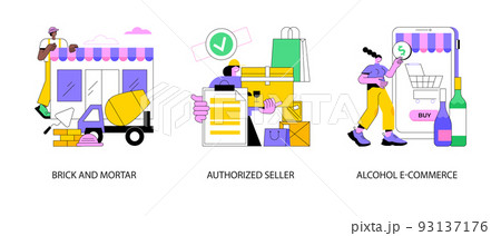 Retail business abstract concept vector illustration set. Brick and mortar, authorized seller, alcohol E-commerce, manufacture license, commercial partnership, liquor store, grocery abstract metaphor. 93137176