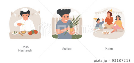 Jewish festivals isolated cartoon vector illustration set. Rosh Hashanah, Jewish New Year celebration, girl preparing for Sukkot, Feast of Ingathering, Purim traditional meal vector cartoon. 93137213