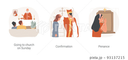 Christian rituals isolated cartoon vector illustration set. Catholic couple attending church on Sunday, confirmation ritual in the church, woman penance in the confession booth vector cartoon. 93137215