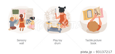 Children with autism sensory development isolated cartoon vector illustration set. Sensory wall, play toy drum, tactile picture book, fine motor skills, daycare center music therapy vector cartoon. 93137217