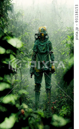 A survivor of the apocalypse is hiding in the jungle. Post-apocalyptic atmosphere. Concept of apocalypse and survival. Perfect for phone wallpaper or for posters. 3D rendering. A survivor of the apocalypse is hiding in the jungle. Post-apocalyptic atmosphere. Concept of apocalypse and survival. Perfect for phone wallpaper or for posters. 3D rendering. 93138153