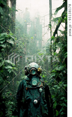 A survivor of the apocalypse is hiding in the jungle. Post-apocalyptic atmosphere. Concept of apocalypse and survival. Perfect for phone wallpaper or for posters. 3D rendering. 93138178