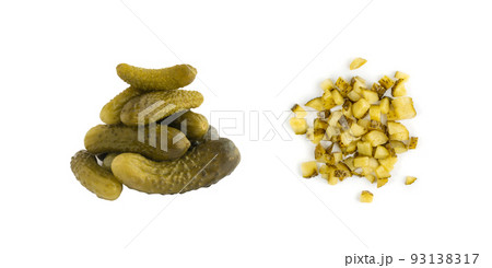 Diced Pickled Gherkins or Chopped Cucumbers Isolated on White 93138317