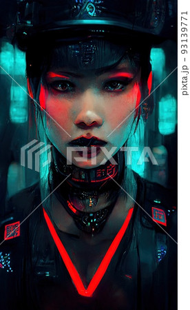 Portrait of a futuristic cyberpunk warrior. A high-tech man from the future. The concept of virtual reality and cyberpunk. Perfect for phone wallpaper or for posters. 3d rendering 93139771