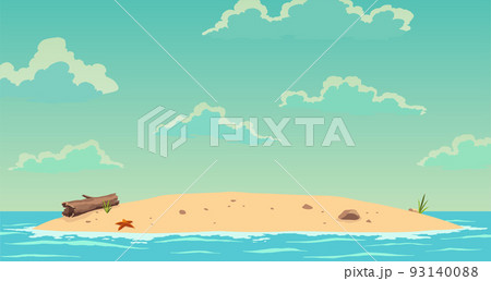Robinson crusoe island. Desert island in ocean. Sunny day. Tropical paradise landscape, sandy beach flat cartoon vector illustration 93140088