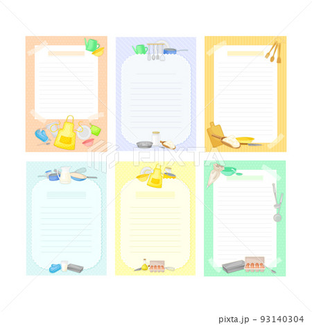 Recipe book blank pages set. Culinary book or cookbook notes, stickers, cards cartoon vector illustration 93140304