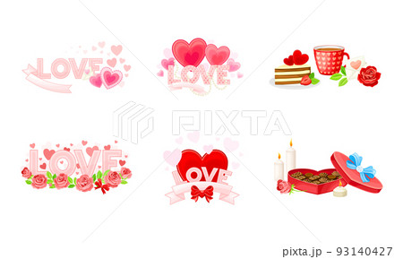Happy Valentine's Day with Heart, Rose Flower and Box with Confection Vector Composition Set Happy Valentine's Day with Heart, Rose Flower and Box with Confection Vector Composition Set 93140427