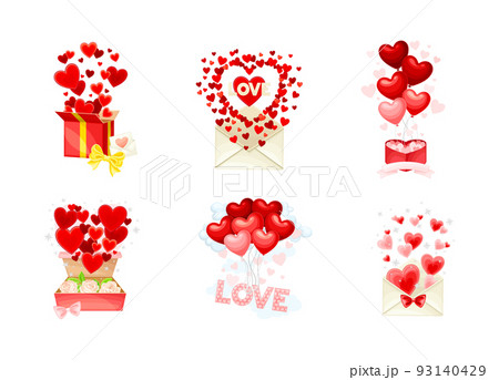 Happy Valentine's Day with Heart Balloon in Gift Box and Envelope Vector Composition Set 93140429