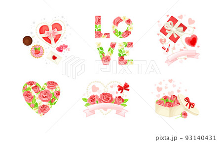 Happy Valentine's Day with Heart, Rose Flower and Gift Box with Ribbon Vector Composition Set 93140431