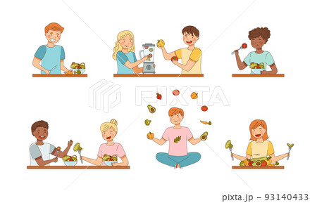 People Vegetarian Character Eating Veggie Making Salad in Bowl and Mixing Ingredients in Blender Vector Set 93140433