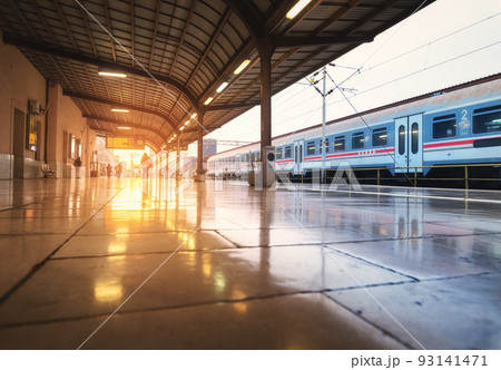 High speed train on train station at beautiful sunrise in Zagreb High speed train on train station at beautiful sunrise in Zagreb 93141471