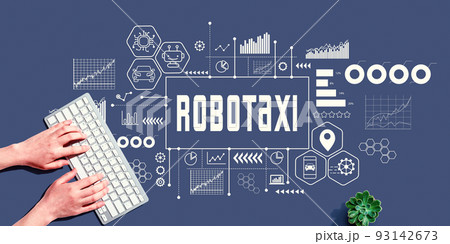 Robotaxi theme with person using pc keyboard Robotaxi theme with person using pc keyboard 93142673