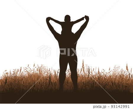Father's Day. Silhouette of a father on his shoulders with his son in nature. Vector illustration 93142991