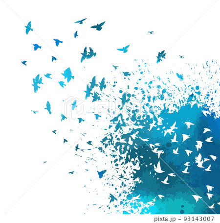 Bird watercolor. A flock of blue birds. Abstraction from blots and birds Mixed media. Vector illustration 93143007
