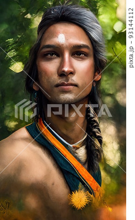 Portrait of an Aztec men against a background of nature. Aztecs in traditional Aztec clothing. Perfect for phone wallpaper or for posters. 93144112