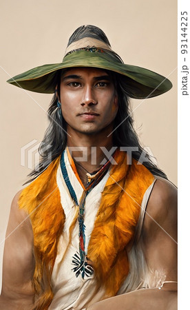Portrait of an Aztec men against a background of nature. Aztecs in traditional Aztec clothing. Perfect for phone wallpaper or for posters. Portrait of an Aztec men against a background of nature. Aztecs in traditional Aztec clothing. Perfect for phone wallpaper or for posters. 93144225