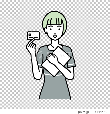 Esthetic clerk, customer service, receptionist woman standing and holding documents and cards Esthetic clerk, customer service, receptionist woman standing and holding documents and cards 93144469