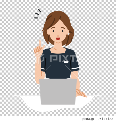 デスクで座ってPCを開いて何かひらめいエステ店員・受付・接客係の女性 デスクで座ってPCを開いて何かひらめいエステ店員・受付・接客係の女性 93145128