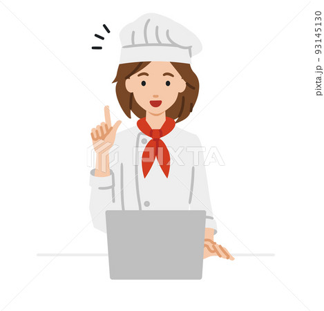 デスクで座ってPCを開いて何かひらめいた調理師の女性 93145130