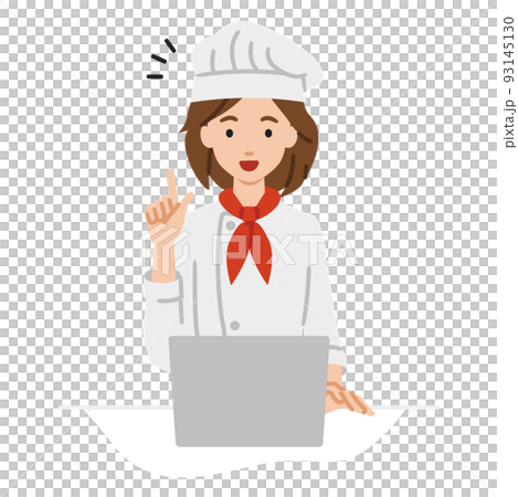 デスクで座ってPCを開いて何かひらめいた調理師の女性 93145130