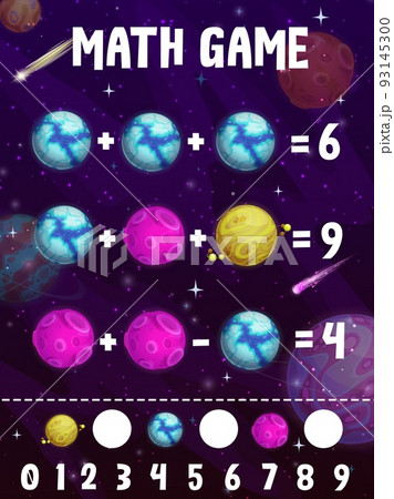 Math game puzzle worksheet. Cartoon fantasy planets in galaxy space. Kids math vector riddle, mathematics quiz and learning playing activity with fantastic icy planets, moon and comets in outerspace Math game puzzle worksheet. Cartoon fantasy planets in galaxy space. Kids math vector riddle, mathematics quiz and learning playing activity with fantastic icy planets, moon and comets in outerspace 93145300