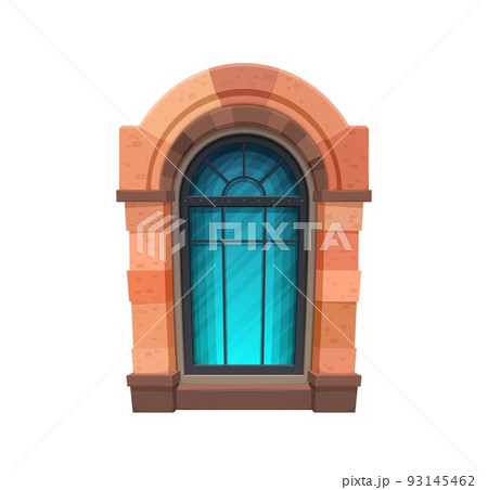 Cartoon arabic and medieval window of castle. Ancient temple or cathedral exterior window with red sandstone arch and forged metal frame. Medieval arabic castle isolated vector window Cartoon arabic and medieval window of castle. Ancient temple or cathedral exterior window with red sandstone arch and forged metal frame. Medieval arabic castle isolated vector window 93145462