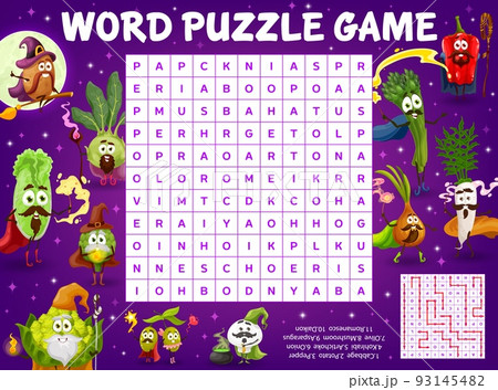 Cartoon vegetable wizards and sorcerers characters with magic wands on word search puzzle game worksheet. Children quiz grid, logical riddle, child vector educational puzzle game with words find task 93145482