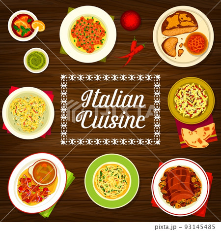 Italian cuisine meals menu cover. Beef roll Braciola, salad Tenerumi and meat bread, crispy salami and spaghetti pasta with garlic, Linguine pasta with crab meat, black tea and beef meat Chianti Crudo 93145485