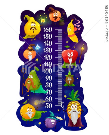 Kids height chart, cartoon fruit magicians and wizards, vector growth meter ruler. Height chart or baby measure scale, fruits characters banana, apple, orange and pineapple with magic wands in capes 93145486
