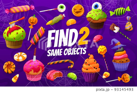 Find two same Halloween holiday sweets and candies. Quiz game or puzzle vector worksheet of cartoon trick or treat food, matching riddle with horror lollipops, pumpkin cakes, candy corn and cookies Find two same Halloween holiday sweets and candies. Quiz game or puzzle vector worksheet of cartoon trick or treat food, matching riddle with horror lollipops, pumpkin cakes, candy corn and cookies 93145493