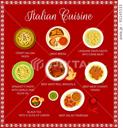 Italian cuisine restaurant menu template. Crispy salami pasta, meat bread and Linguine pasta with crab, spaghetti pasta with garlic, black tea and beef roll Braciola, Chianti Crudo, salad Tenerumi 93145533