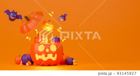 3d rendering Jack O Lantern with bat and candy corn on orange background. Concept Halloween day illustration. 3d rendering Jack O Lantern with bat and candy corn on orange background. Concept Halloween day illustration. 93145927