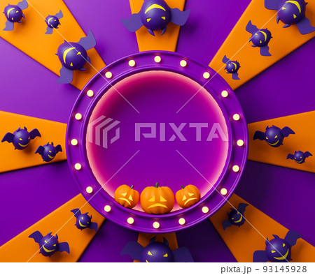 3d rendering colorful Halloween day background with Jack O Lantern, bats and copy space for text or message.  93145928