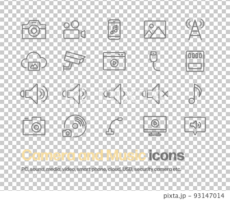 A set of simple line drawing icons such as photos, videos, audio, antennas, USB, digital cameras, PCs, etc. 93147014
