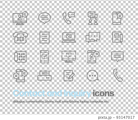 與聯繫方式和通信相關的圖標集，例如電話、電子郵件、聊天、信件、語音氣泡、接收器 93147017