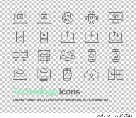 IT 技術圖標集，如個人計算機、電路板、服務器。簡單的線條畫可愛的圖標 93147022