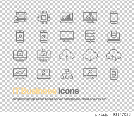 IT 業務簡單的線條繪製圖標集。包括服務器、基礎設施、PC、雲等的插圖。 93147023