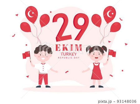 Republic Day Turkey or 29 Ekim Cumhuriyet Bayrami Kutlu Olsun Hand Drawn Cartoon Flat Illustration with Flag of Turkish and Happy Holiday Design 93148036