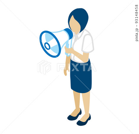 メガホンを持つビジネスウーマン　半袖シャツ - アイソメ人物 93148458