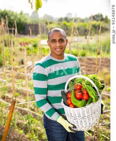 Indian man professional gardener holding basket with harvest 93148878