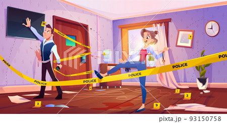 Man and girl in quest escape room with crime scene Man and girl in quest escape room with crime scene 93150758